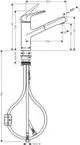 Spültischmischer von Hansgrohe mit Ausziehauslauf. Darstellung der Maße und Anschlussdetails, inklusive Wasseranschlüsse und Schläuche. Technische Zeichnung ohne zusätzliche Infos.